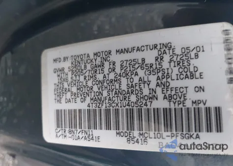 2001 Toyota Sienna Le from USA, damaged, VIN 4T3ZF13CX1U405247
